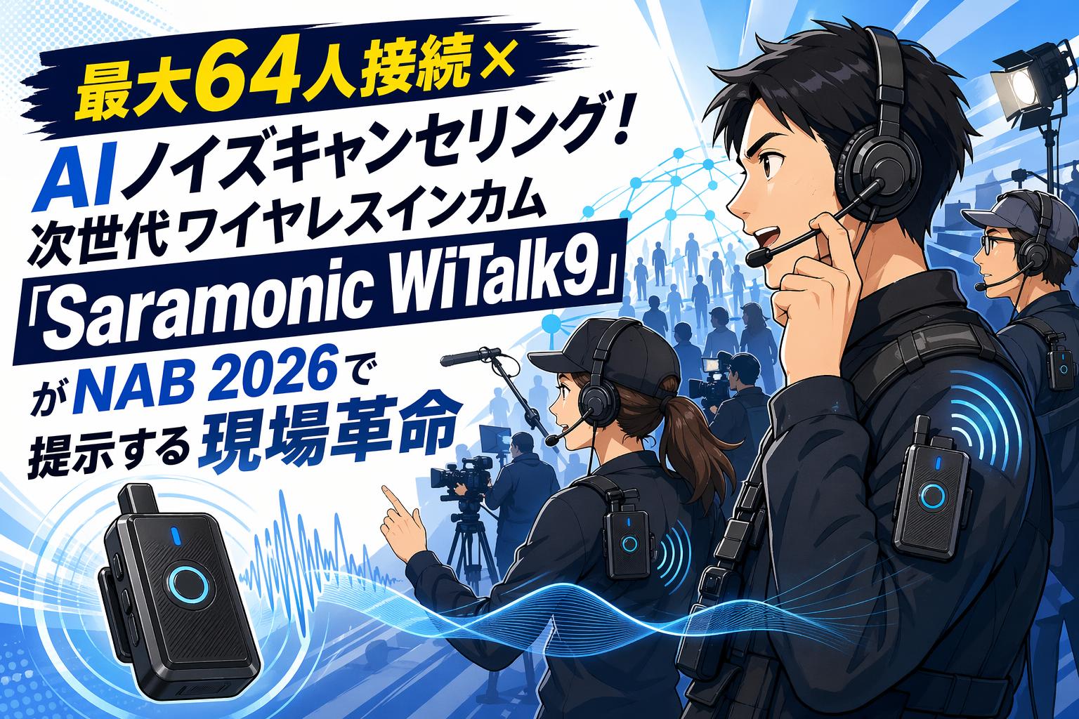 最大64人接続×AIノイズキャンセリング！次世代ワイヤレスインカム「Saramonic WiTalk9」がNAB 2026で提示する現場革命