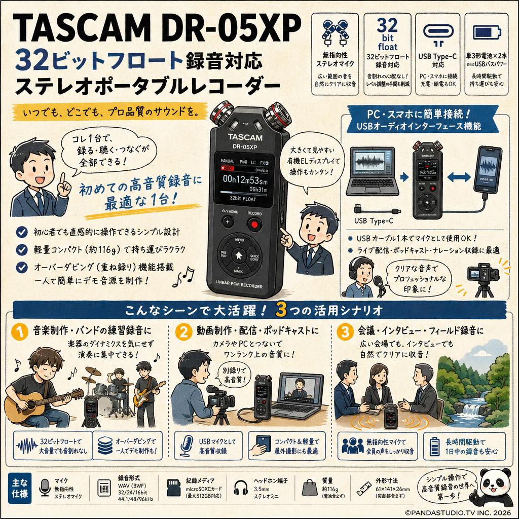 TASCAM DR-05XP 32ビットフロート 録音対応 ステレオポータブルレコーダー USB Type-C対応 おもな対象のお客様