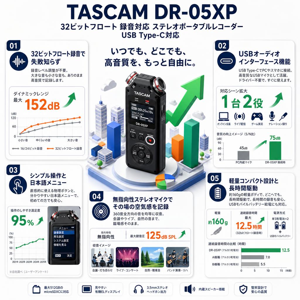 TASCAM DR-05XP 32ビットフロート 録音対応 ステレオポータブルレコーダー USB Type-C対応 セールスポイント