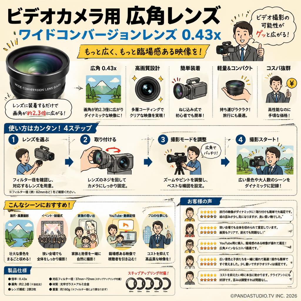 ビデオカメラ用 広角レンズ ワイドコンバージョンレンズ 0.43x インターネット上のお客様の声（評判）