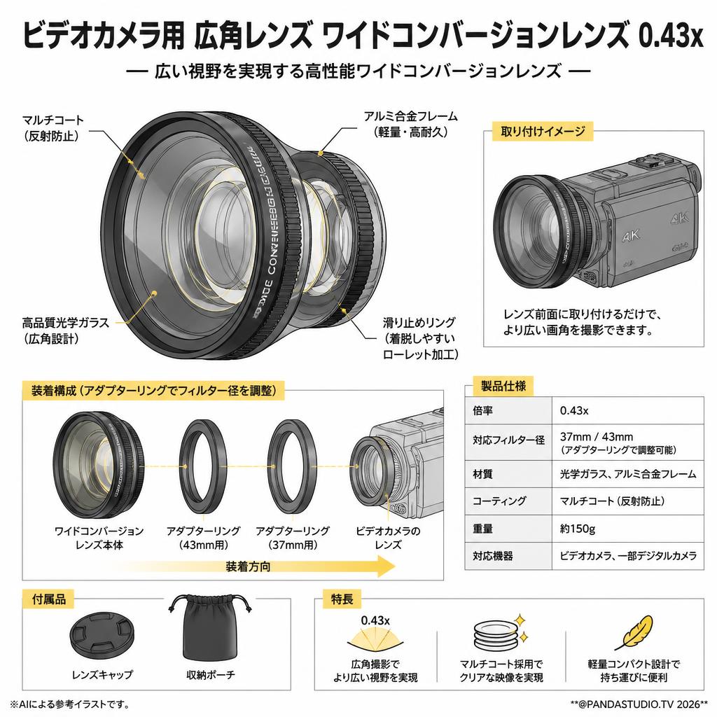 ビデオカメラ用 広角レンズ ワイドコンバージョンレンズ 0.43x
