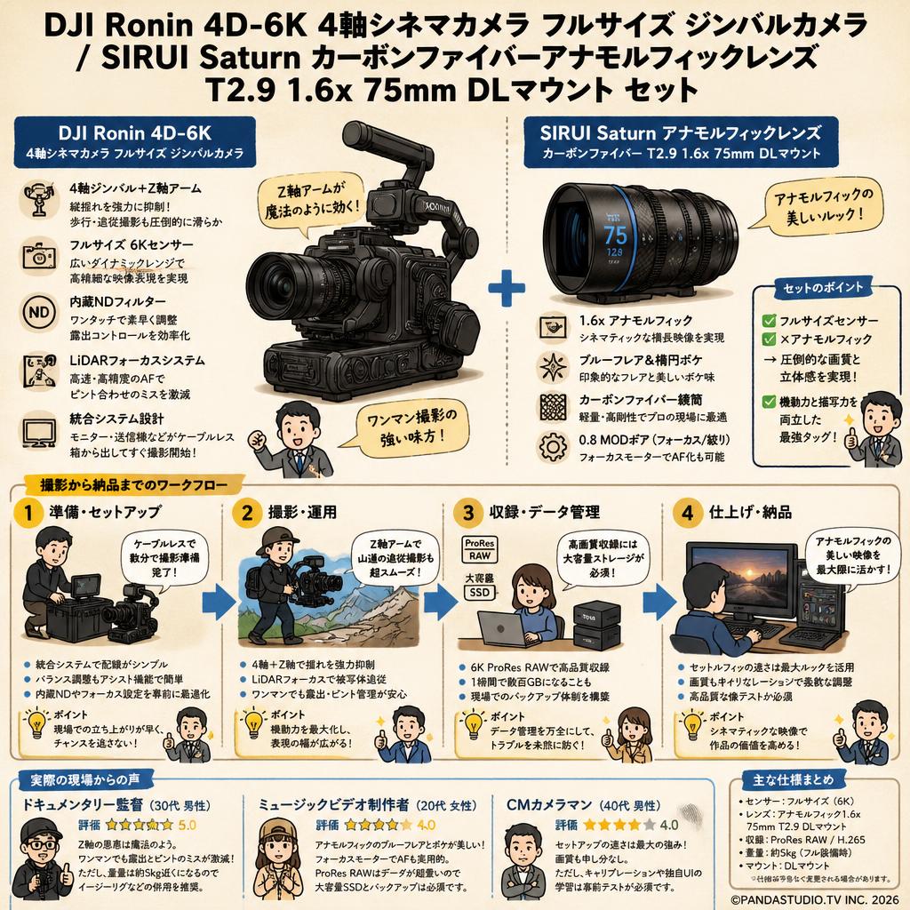 DJI Ronin 4D-6K 4軸シネマカメラ フルサイズ ジンバルカメラ / SIRUI Saturn カーボンファイバーアナモルフィックレンズ T2.9 1.6x 75mm DLマウント セット インターネット上のお客様の声（評判）