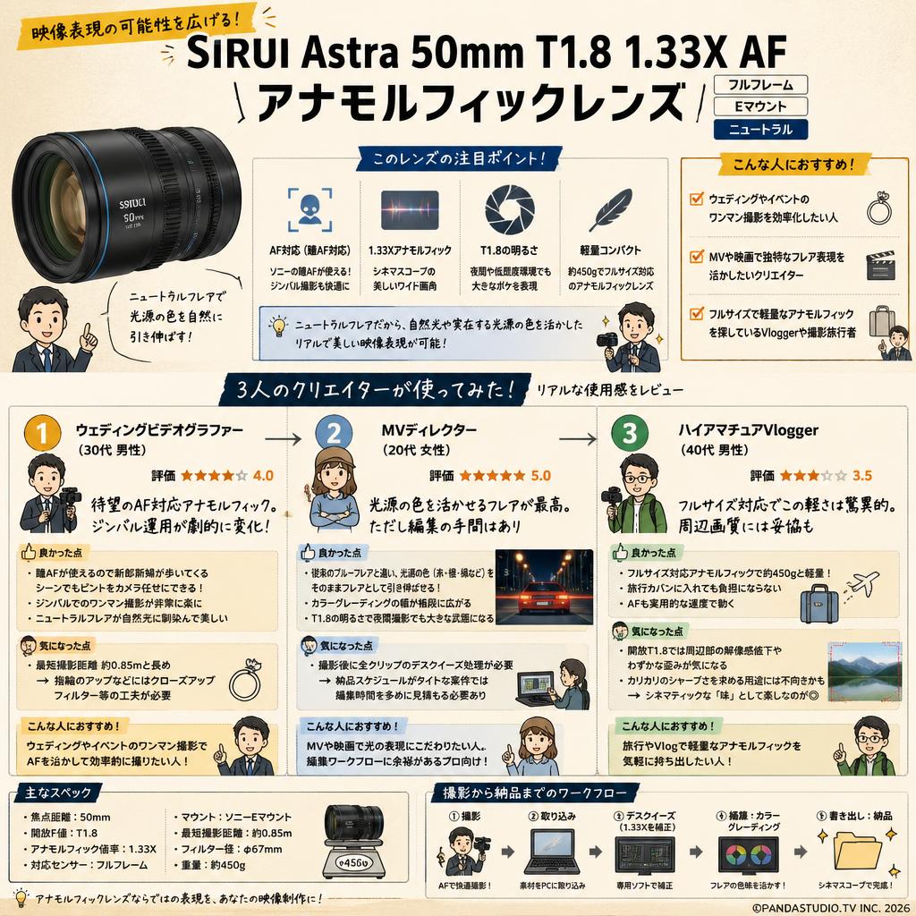SIRUI Astra 50mm T1.8 1.33X AF アナモルフィックレンズ フルフレーム Eマウント（ニュートラル） インターネット上のお客様の声（評判）