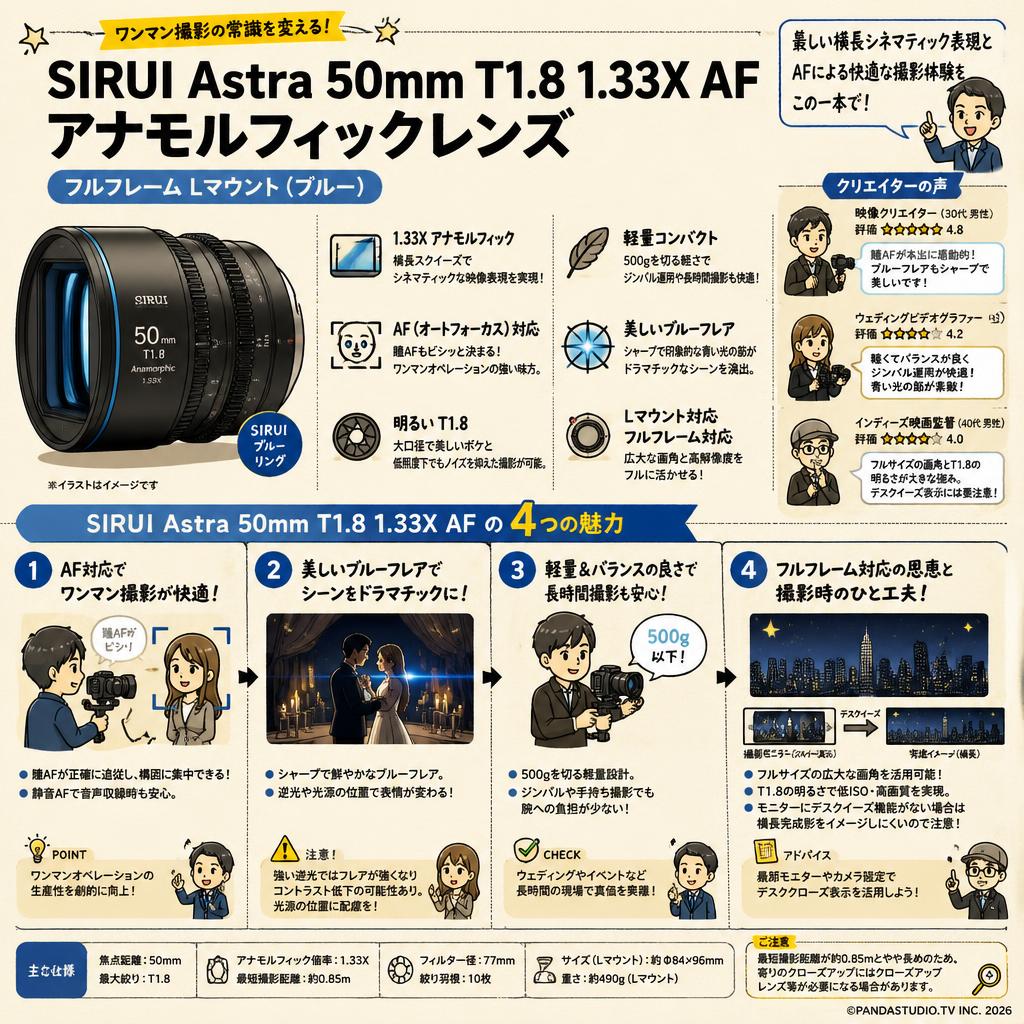 SIRUI Astra 50mm T1.8 1.33X AF アナモルフィックレンズ フルフレーム Lマウント（ブルー） インターネット上のお客様の声（評判）