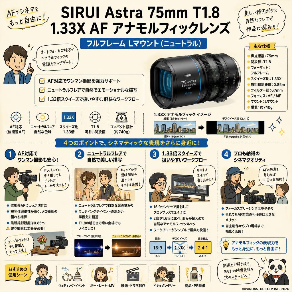 SIRUI Astra 75mm T1.8 1.33X AF アナモルフィックレンズ フルフレーム Lマウント（ニュートラル） インターネット上のお客様の声（評判）