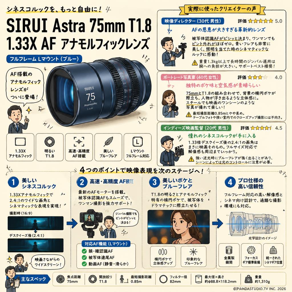 SIRUI Astra 75mm T1.8 1.33X AF アナモルフィックレンズ フルフレーム Lマウント（ブルー） インターネット上のお客様の声（評判）