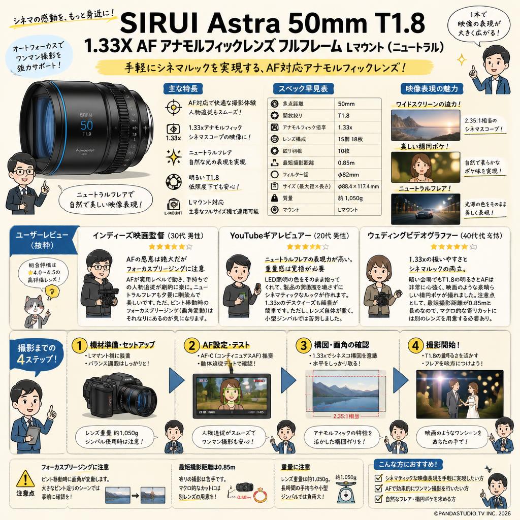 SIRUI Astra 50mm T1.8 1.33X AF アナモルフィックレンズ フルフレーム Lマウント（ニュートラル） インターネット上のお客様の声（評判）