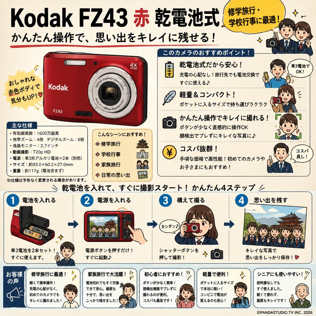 Kodak FZ43 赤 乾電池式（修学旅行・学校行事に最適） インターネット上のお客様の声（評判）