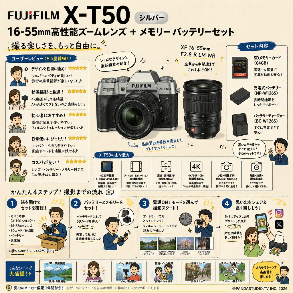 FUJIFLIM X-T50 シルバー 16-55mm高性能ズームレンズ ＋ メモリー バッテリーセット インターネット上のお客様の声（評判）