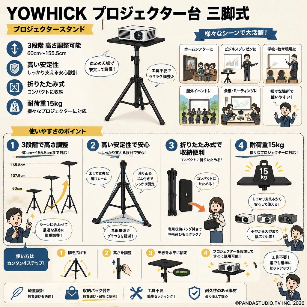 YOWHICK プロジェクター台 三脚式 プロジェクタースタンド 3段階 60cm～155.5cm 高さ調整可能 高い安定性 折りたたみ式 収納便利 耐荷重15kg インターネット上のお客様の声（評判）