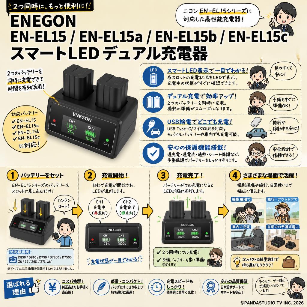 ENEGON EN-EL15 EN-EL15a EN-EL15b EN-EL15c スマートLEDデュアル充電器 インターネット上のお客様の声（評判）