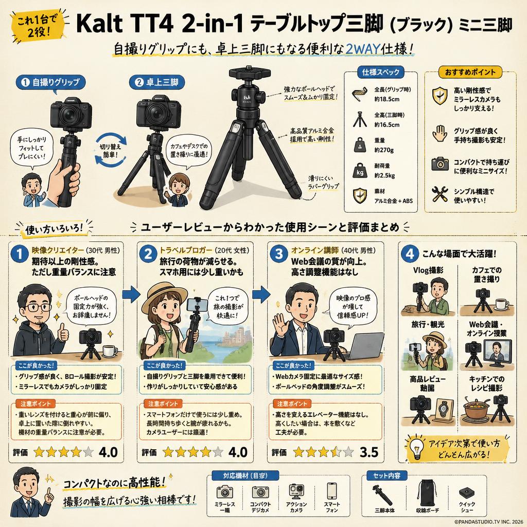 Kalt TT4 2-in-1 Tabletop Tripod (Black) ミニ三脚 インターネット上のお客様の声（評判）