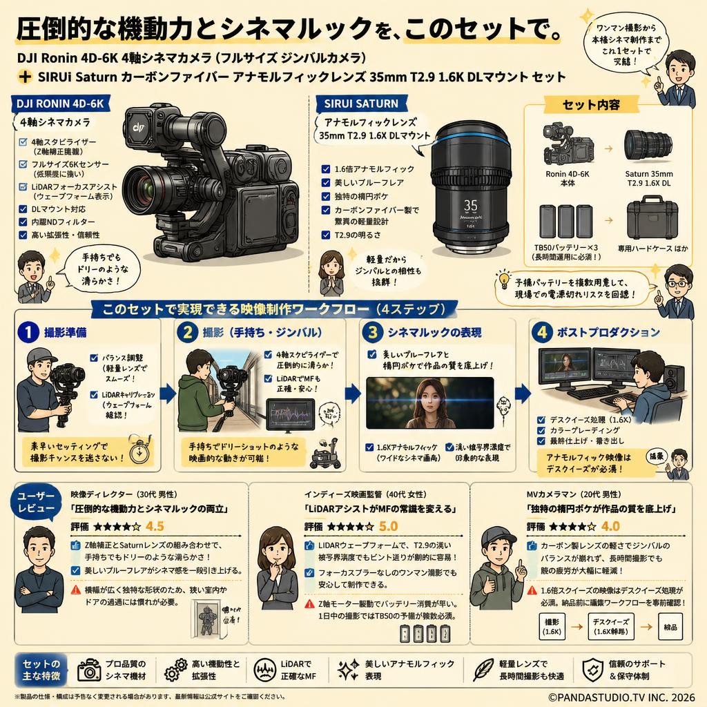 DJI Ronin 4D-6K 4軸シネマカメラ フルサイズ ジンバルカメラ / SIRUI Saturn カーボンファイバー アナモルフィックレンズ 35mm T2.9 1.6X  DLマウント セット インターネット上のお客様の声（評判）