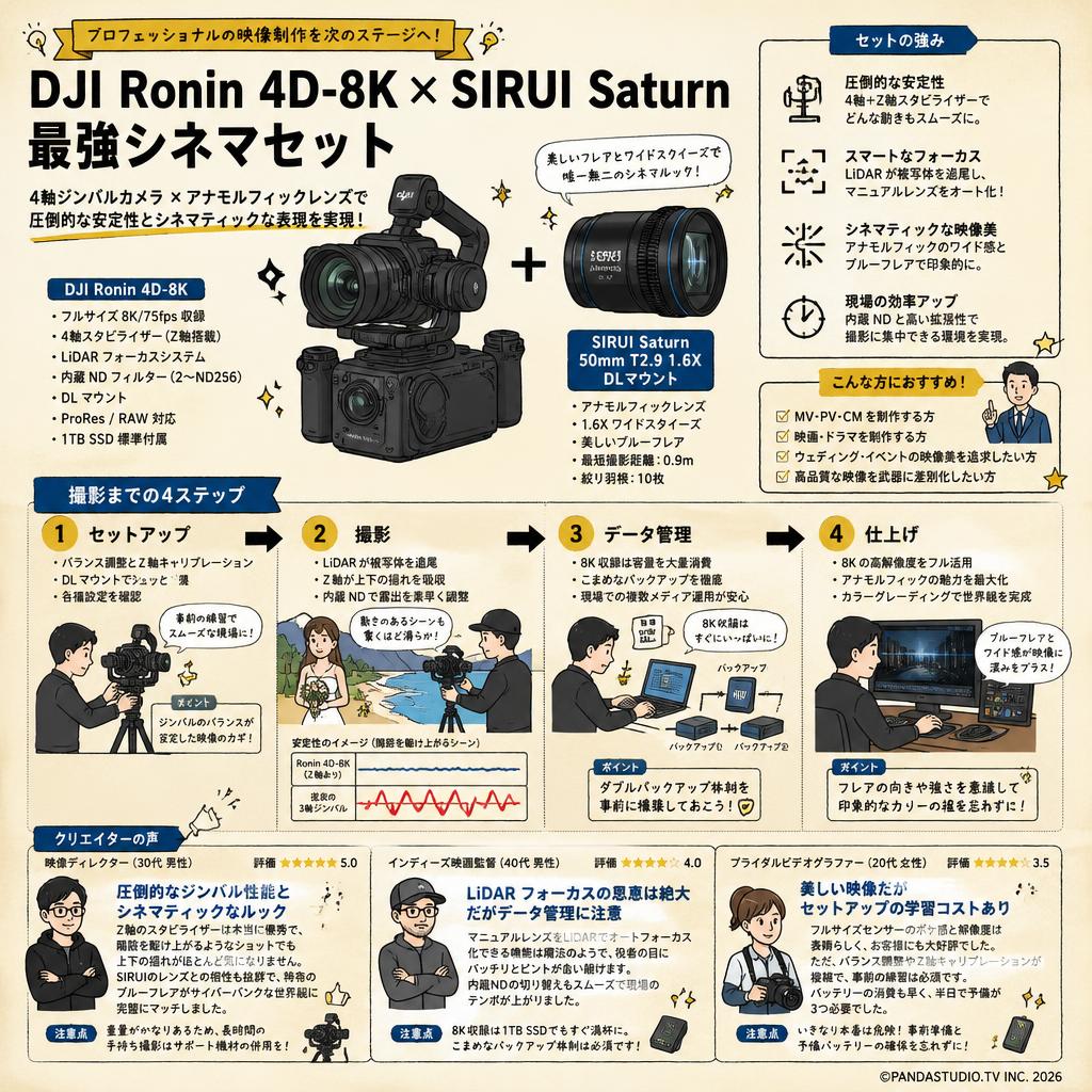 DJI Ronin 4D-8K 4軸シネマカメラ フルサイズ ジンバルカメラ / SIRUI Saturn カーボンファイバー アナモルフィックレンズ 50mm T2.9 1.6X  DLマウント セット インターネット上のお客様の声（評判）