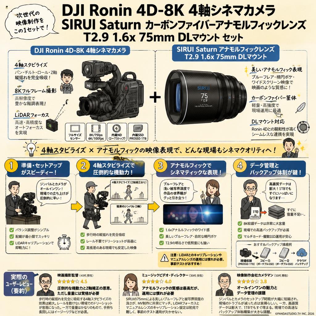 DJI Ronin 4D-8K 4軸シネマカメラ フルサイズ ジンバルカメラ / SIRUI Saturn カーボンファイバーアナモルフィックレンズ T2.9 1.6x 75mm DLマウント セット インターネット上のお客様の声（評判）