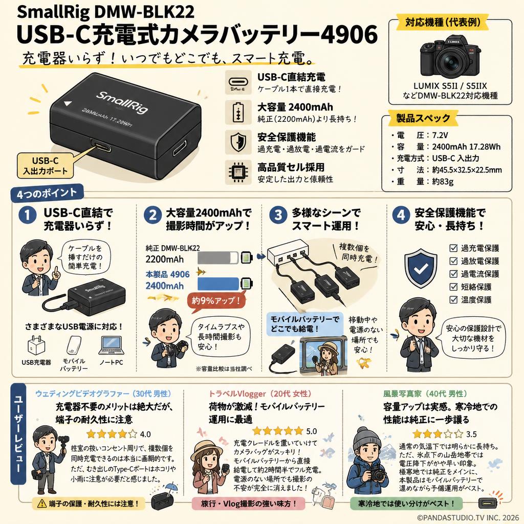 SmallRig DMW-BLK22 USB-C充電式カメラバッテリー4906 インターネット上のお客様の声（評判）