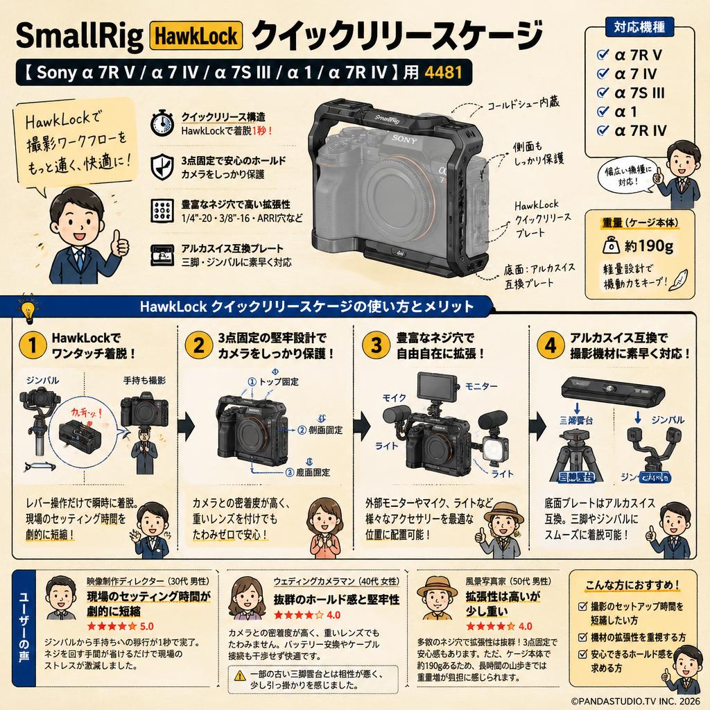 SmallRIg HawkLock クイックリリースケージ【 Sony α 7R V/α 7 IV/α 7S III/α 1/α 7R IV 】用 4481 インターネット上のお客様の声（評判）