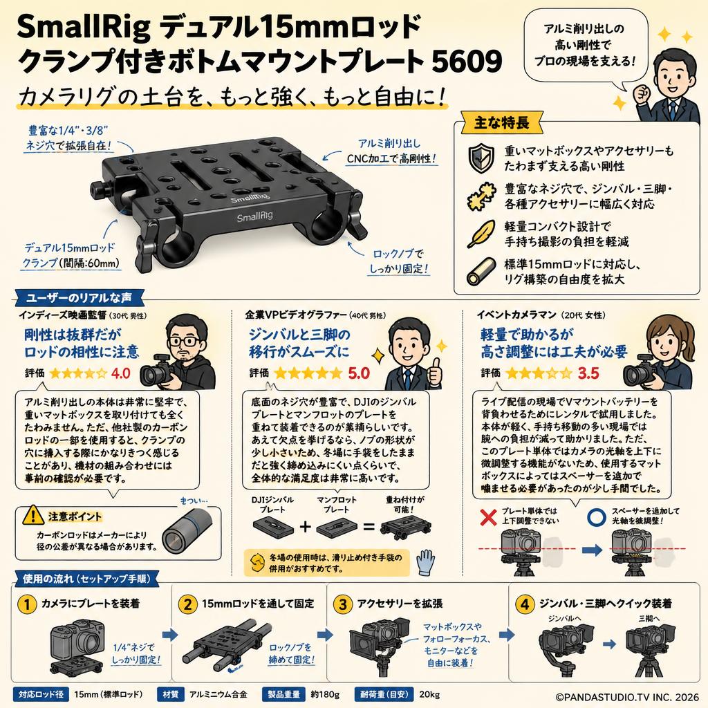 SmallRig デュアル15mmロッドクランプ付きボトムマウントプレート 5609 インターネット上のお客様の声（評判）