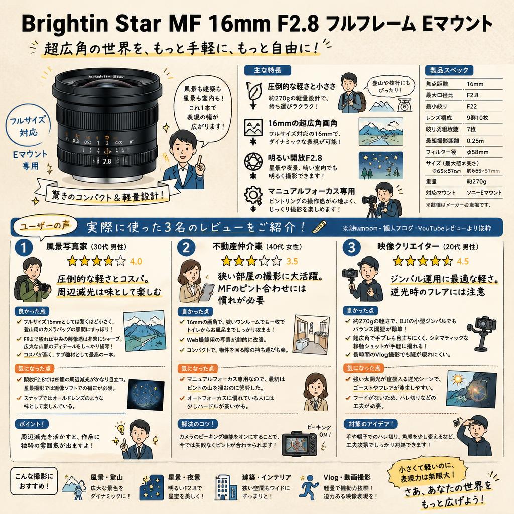 Brightin Star MF 16mm F2.8 フルフレーム Eマウント インターネット上のお客様の声（評判）