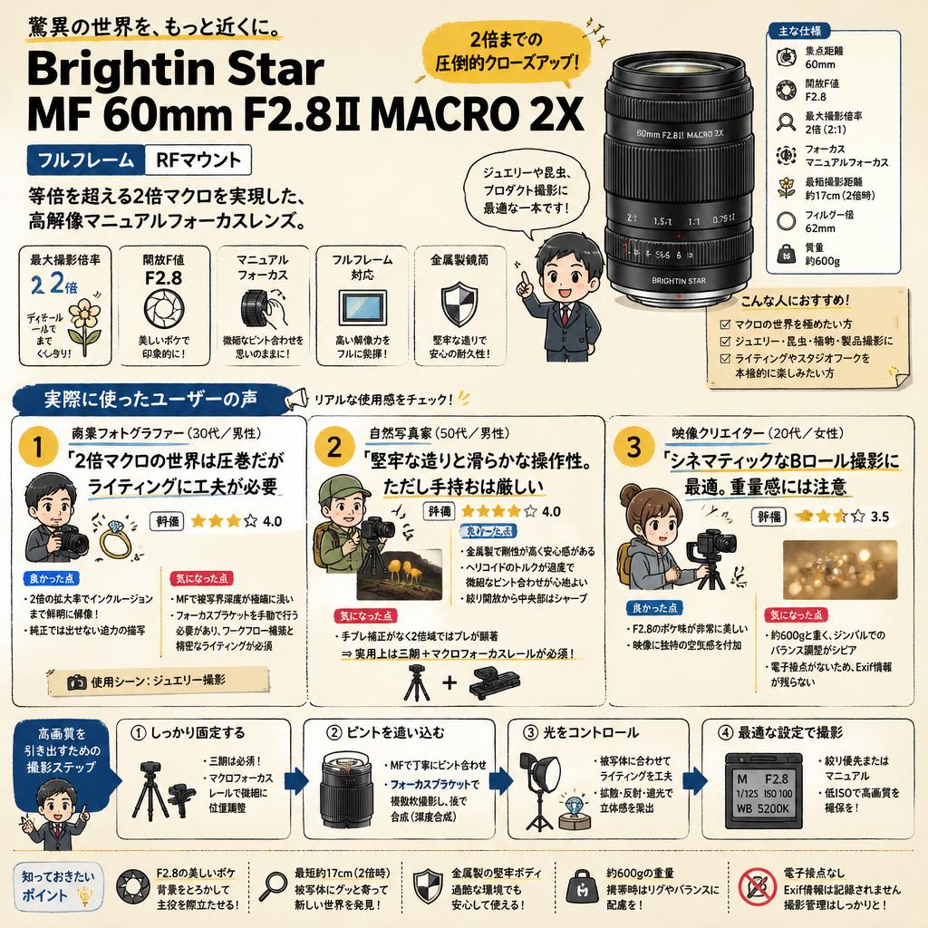 Brightin Star MF 60mm F2.8Ⅱ MACRO 2X フルフレーム  RFマウント インターネット上のお客様の声（評判）