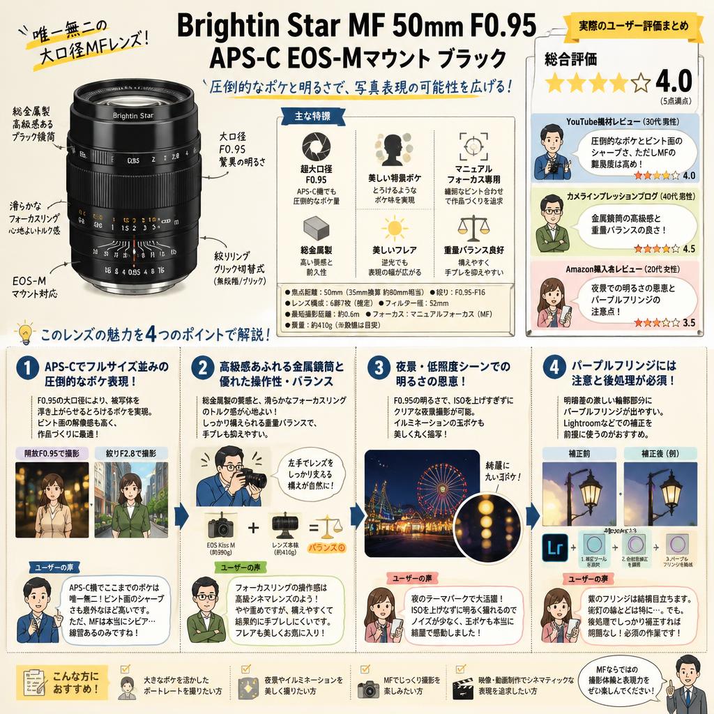 Brightin Star MF 50mm F0.95 APS-C EOS-Mマウントブラック インターネット上のお客様の声（評判）