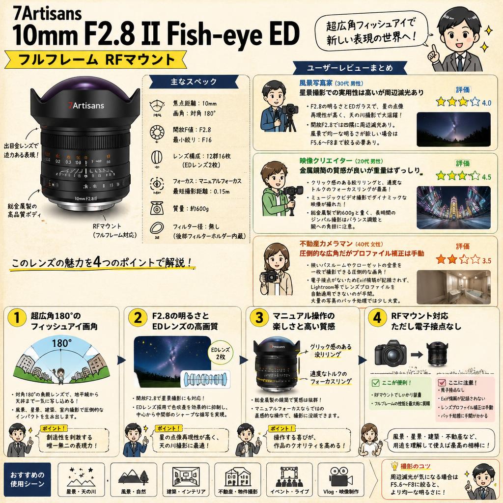 7Artisans 10mm F2.8 II Fish-eye ED フルフレーム RFマウント インターネット上のお客様の声（評判）