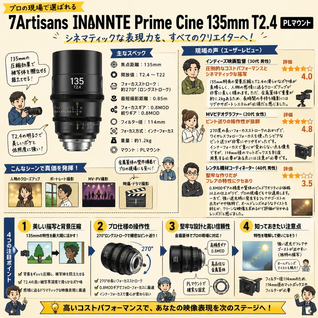 7Artisans INFINTE Prime Cine 135mm T2.4 PLマウント インターネット上のお客様の声（評判）