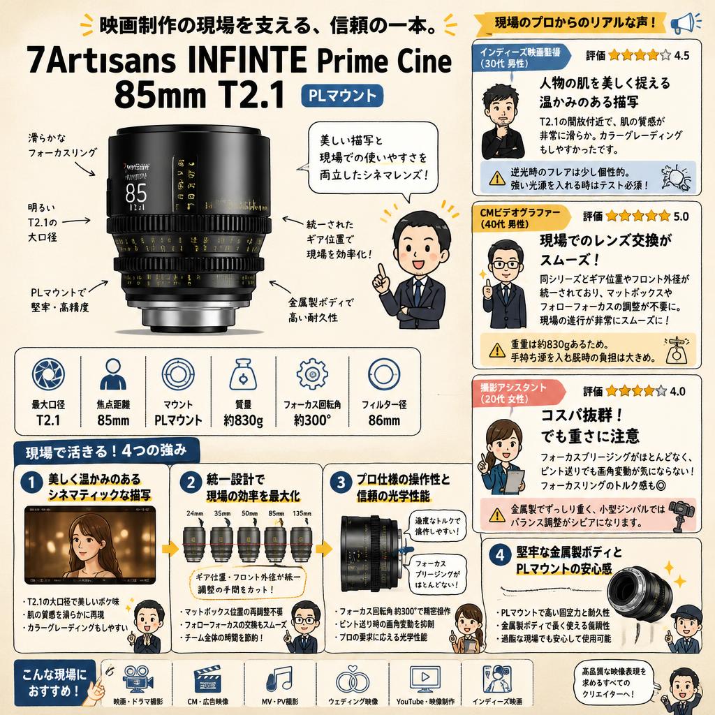 7Artisans INFINTE Prime Cine 85mm T2.1 PLマウント インターネット上のお客様の声（評判）