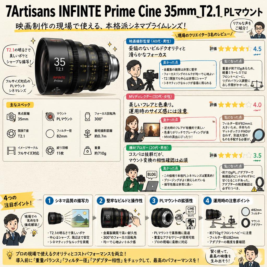7Artisans INFINTE Prime Cine 35mm T2.1 PLマウント インターネット上のお客様の声（評判）