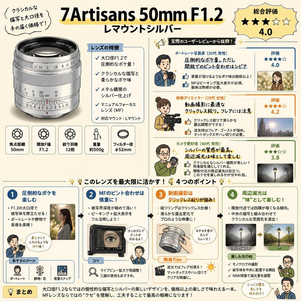 7Artisans 50mm F1.2 Lマウントシルバー インターネット上のお客様の声（評判）