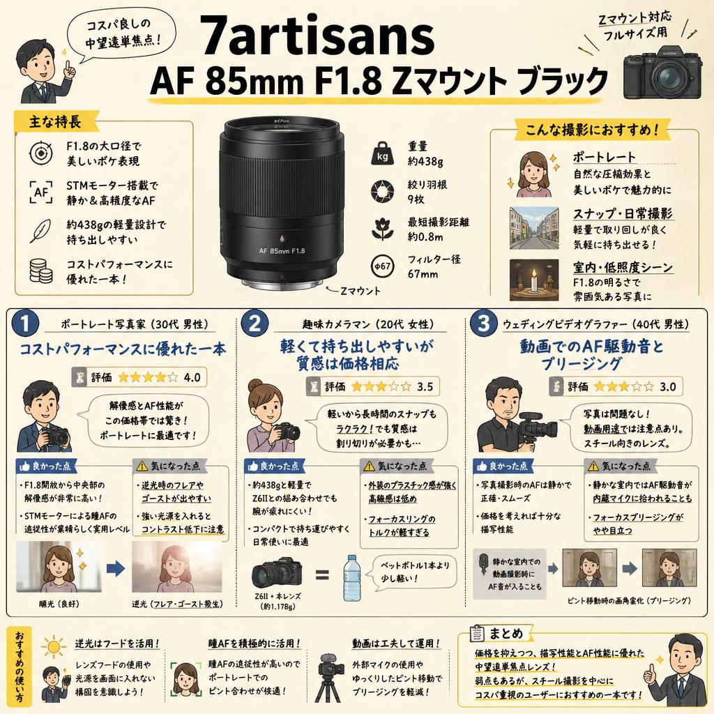 7artisans AF 85mm F1.8 Zマウント ブラック インターネット上のお客様の声（評判）
