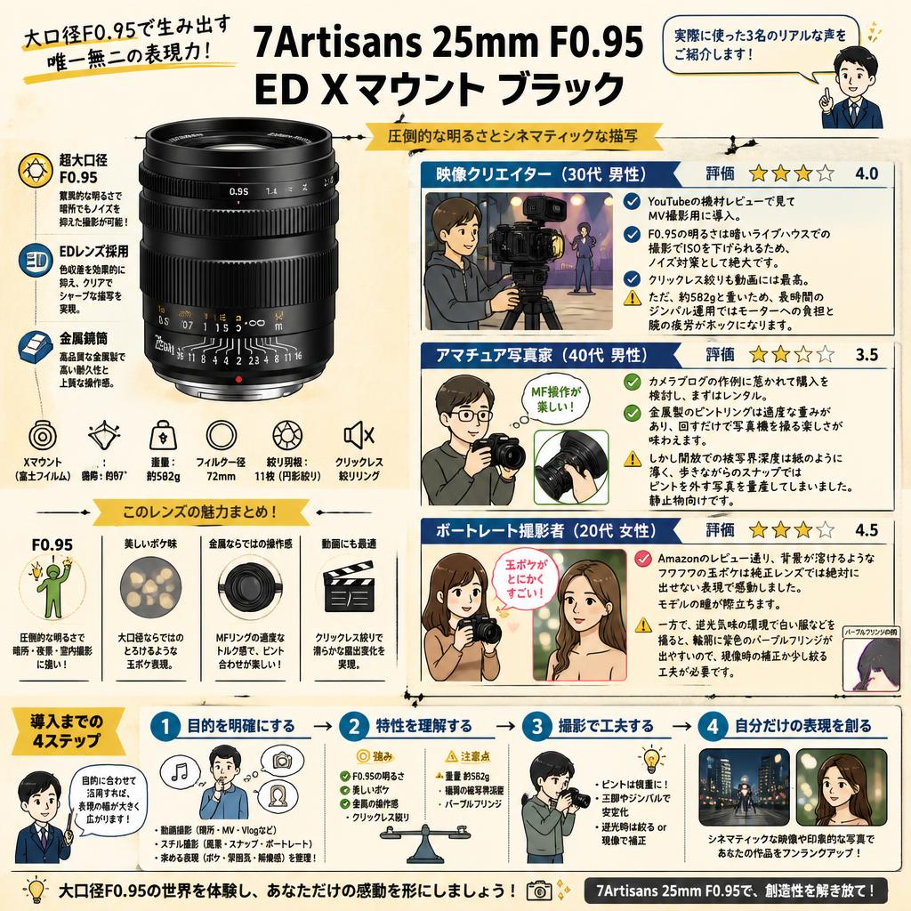 7Artisans 25mm F0.95 ED Xマウント ブラック インターネット上のお客様の声（評判）