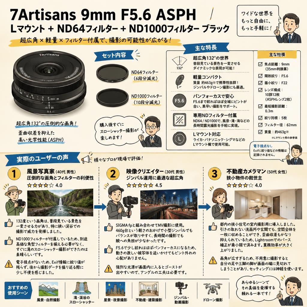 7Artisans 9mm F5.6 ASPH Lマウント + ND64フィルター + ND1000フィルター ブラック インターネット上のお客様の声（評判）