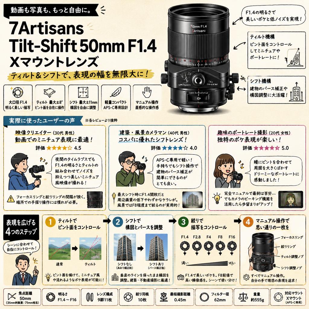 7Artisans Tilt-Shift 50mm F1.4  Xマウントレンズ インターネット上のお客様の声（評判）