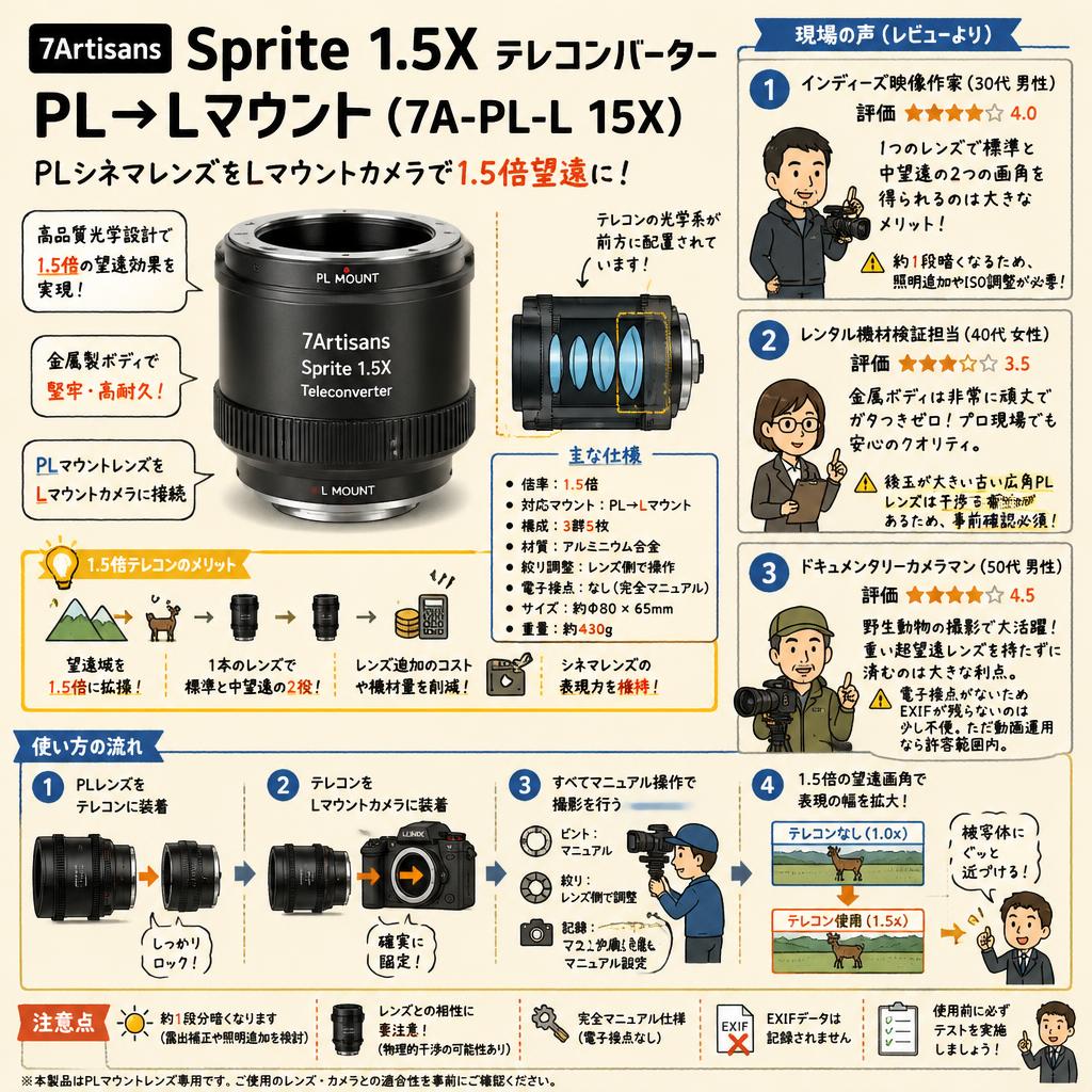 7Artisans Sprite 1.5X テレコンバーター PL→Lマウント ( 7A-PL-L 15X ) インターネット上のお客様の声（評判）