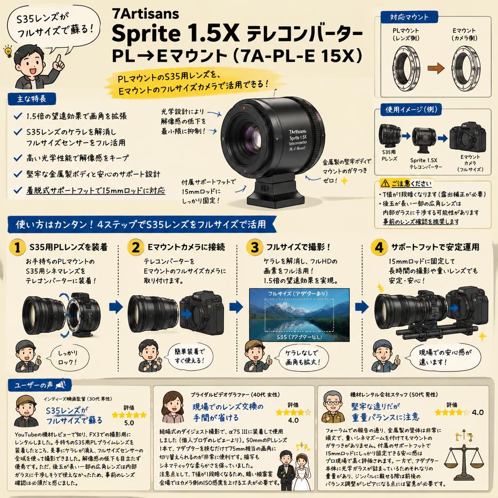 7Artisans Sprite 1.5X テレコンバーター PL→Eマウント ( 7A-PL-E 15X ) インターネット上のお客様の声（評判）