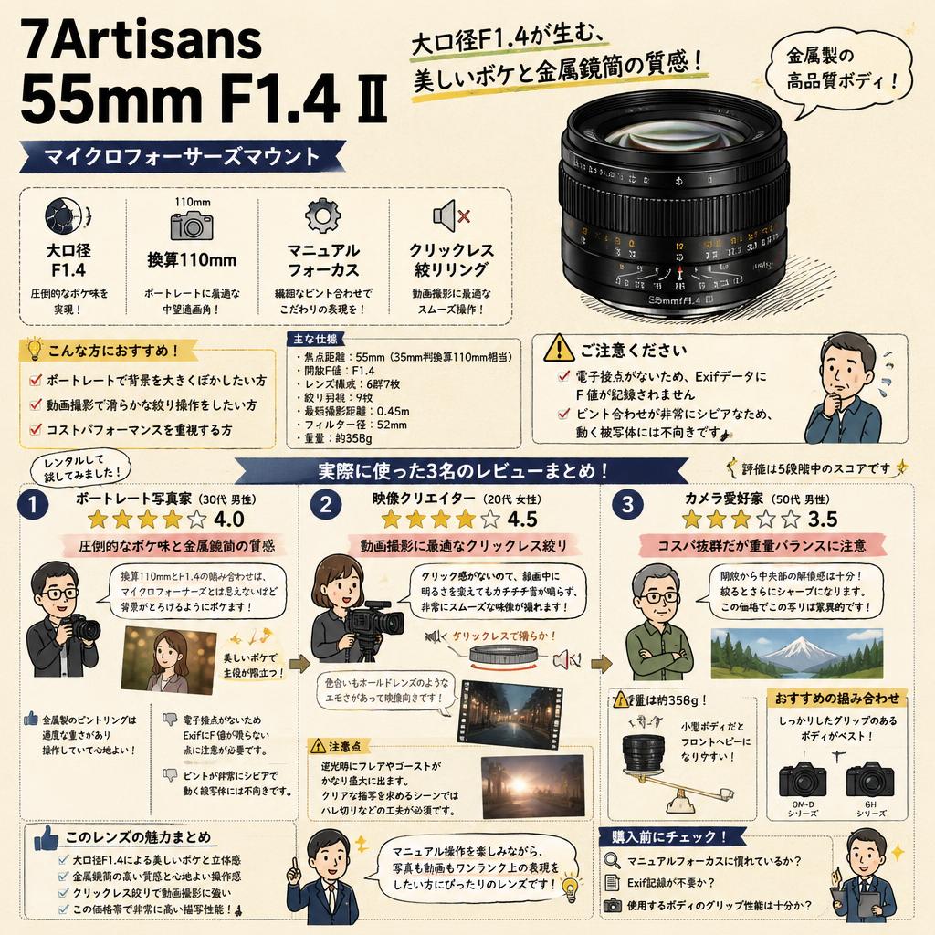 7Artisans 55mm F1.4 Ⅱ マイクロフォーサーズマウント インターネット上のお客様の声（評判）