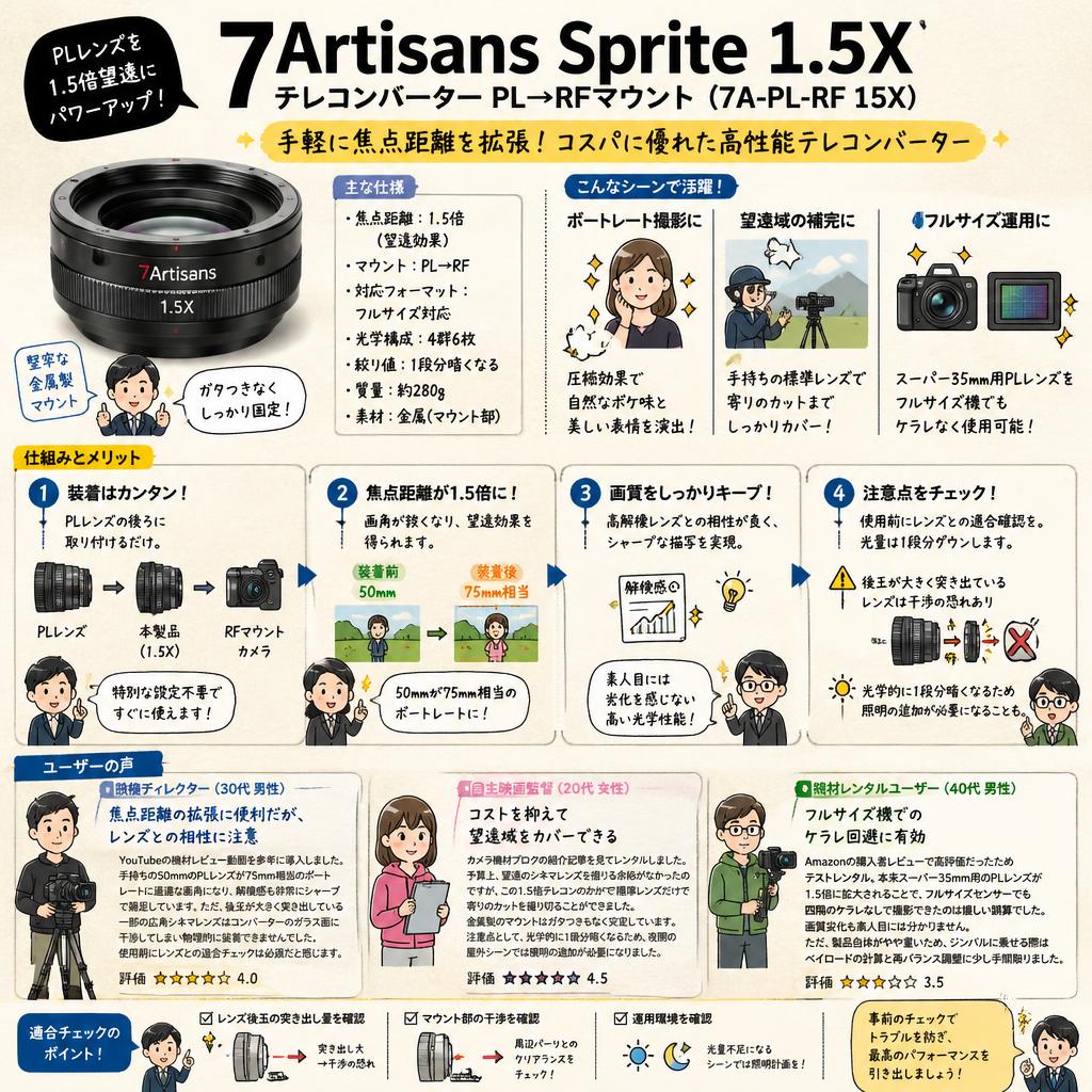 7Artisans Sprite 1.5X テレコンバーター PL→RFマウント ( 7A-PL-RF 15X ) インターネット上のお客様の声（評判）