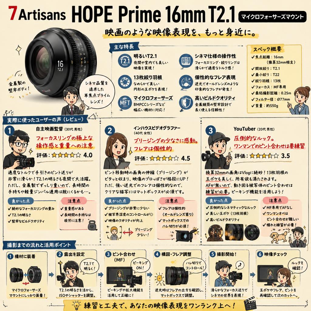 7Artisans HOPE Prime 16mm T2.1 マイクロフォーサーズマウント インターネット上のお客様の声（評判）