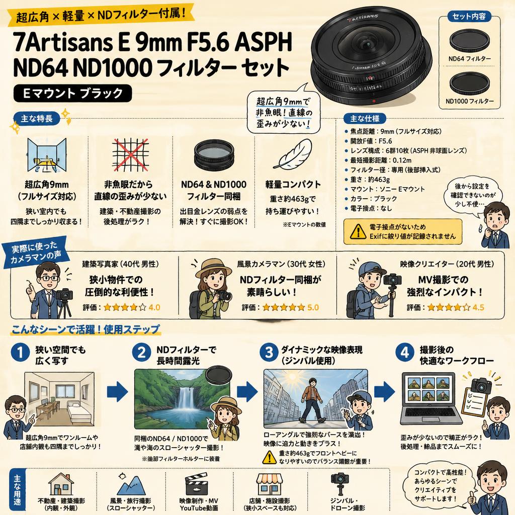 7Artisans E 9mm F5.6 ASPH ND64 ND1000 フィルター セット Eマウント ブラック インターネット上のお客様の声（評判）