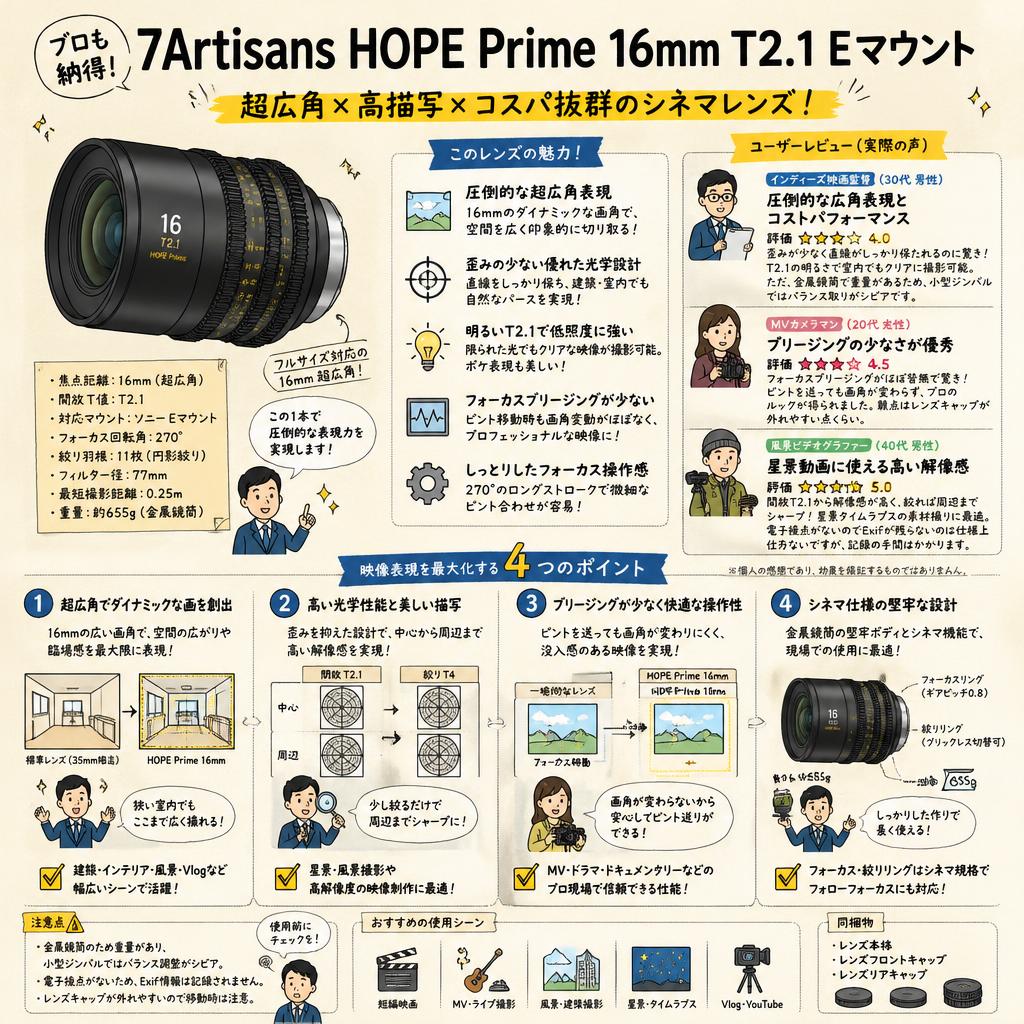 7Artisans HOPE Prime 16mm T2.1 Eマウント インターネット上のお客様の声（評判）