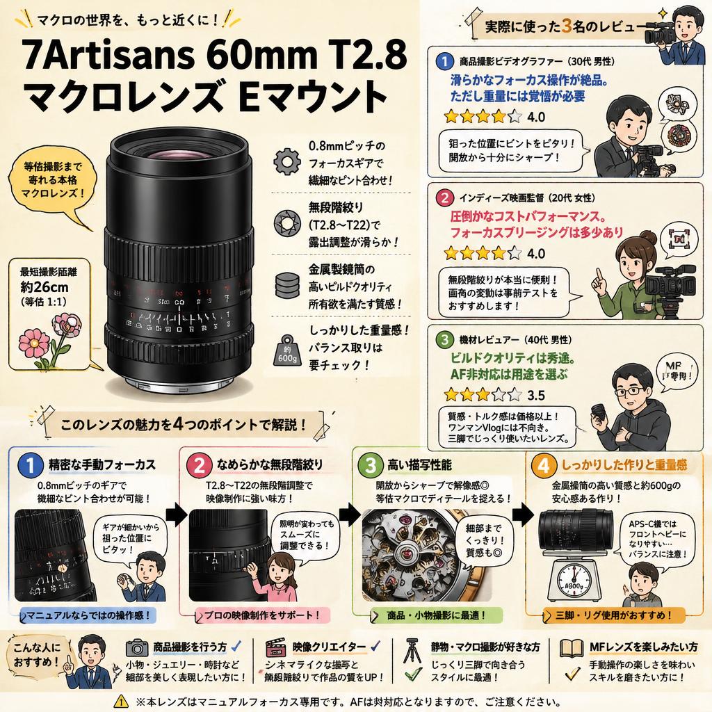 7Artisans 60mm T2.8 Macro マクロレンズ Eマウント インターネット上のお客様の声（評判）