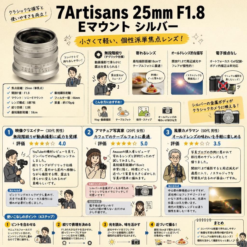 7Artisans 25mm F1.8 Eマウント シルバー インターネット上のお客様の声（評判）