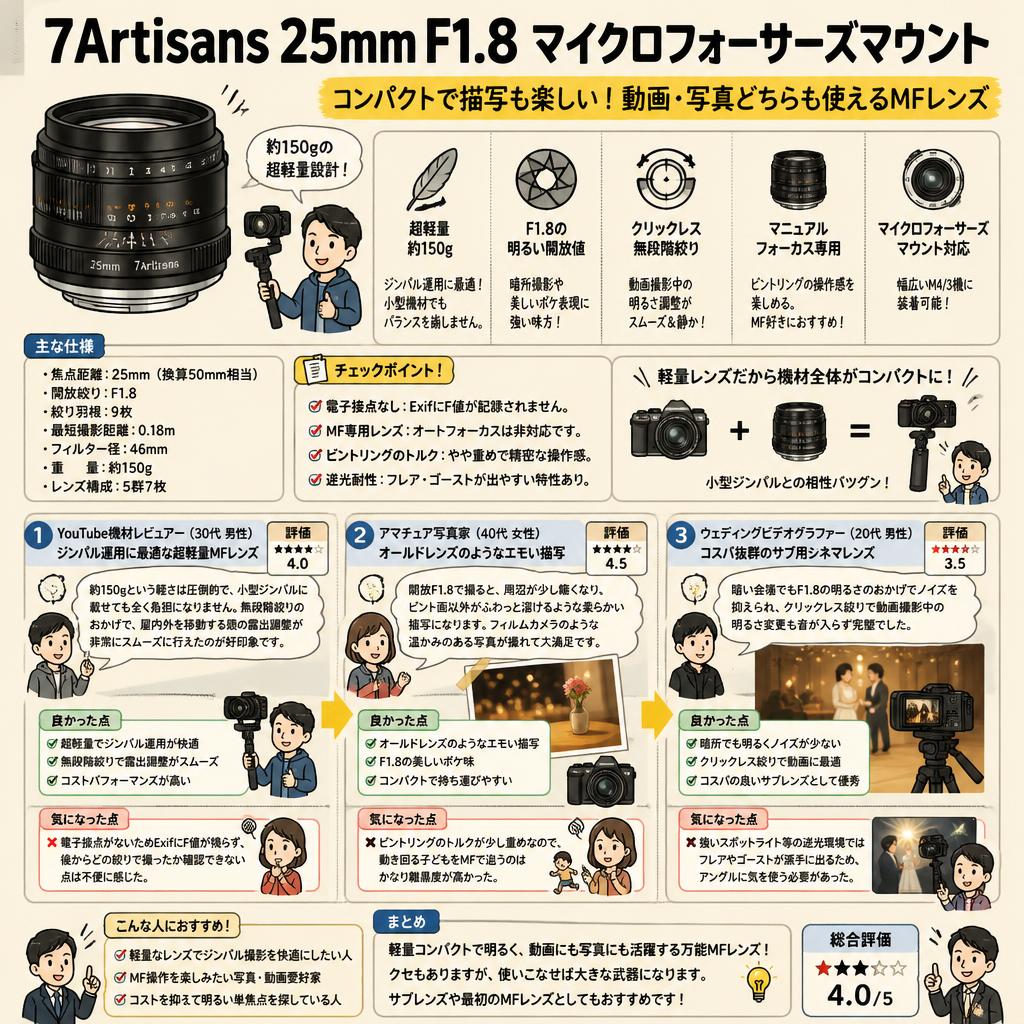 7Artisans 25mm F1.8 マイクロフォーサーズマウント インターネット上のお客様の声（評判）