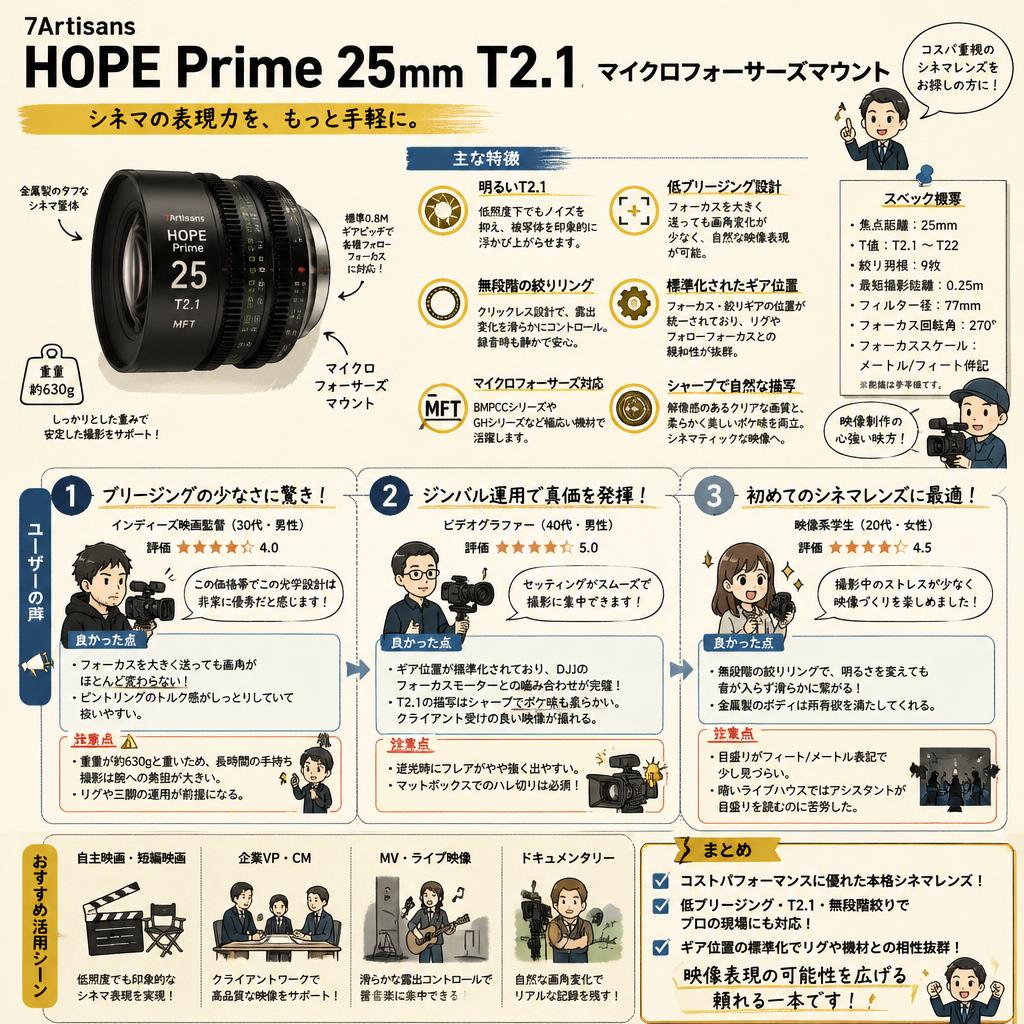 7Artisans HOPE Prime 25mm T2.1 マイクロフォーサーズマウント インターネット上のお客様の声（評判）