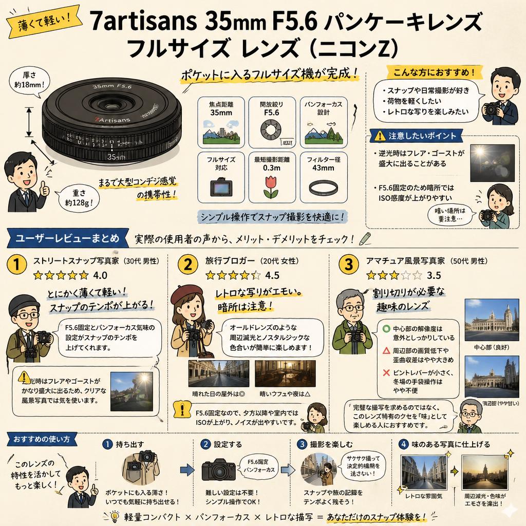 7artisans 35mm F5.6 パンケーキレンズ フルサイズ レンズ (ニコンZ) インターネット上のお客様の声（評判）