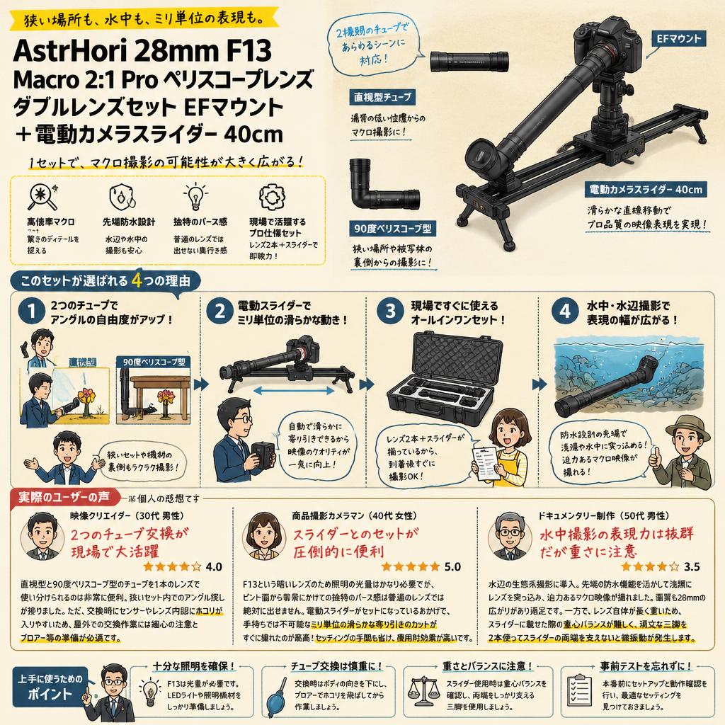 AstrHori 28mm F13 Macro 2:1 Pro ペリスコープレンズ ダブルレンズセット EFマウント ＋電動カメラスライダー 40cm インターネット上のお客様の声（評判）