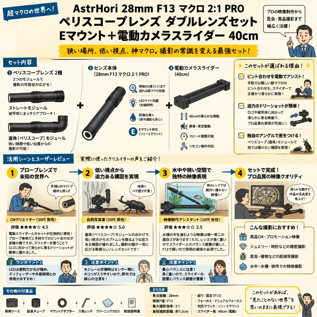 AstrHori 28mm F13 Macro 2:1 Pro ペリスコープレンズ ダブルレンズセットEマウント＋ 電動カメラスライダー 40cm インターネット上のお客様の声（評判）