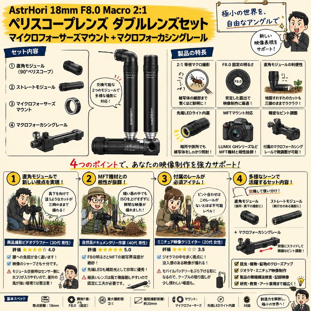 AstrHori 18mm F8.0 Macro 2:1 ペリスコープレンズ ダブルレンズセット マイクロフォーサーズマウントマウント ＋マクロフォーカシングレール インターネット上のお客様の声（評判）