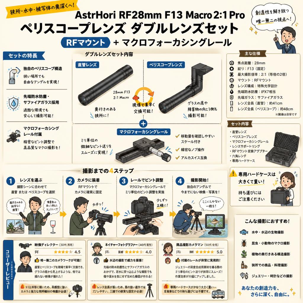AstrHori RF28mm F13 Macro 2:1 Pro ペリスコープレンズ ダブルレンズセット RFマウント ＋マクロフォーカシングレール インターネット上のお客様の声（評判）